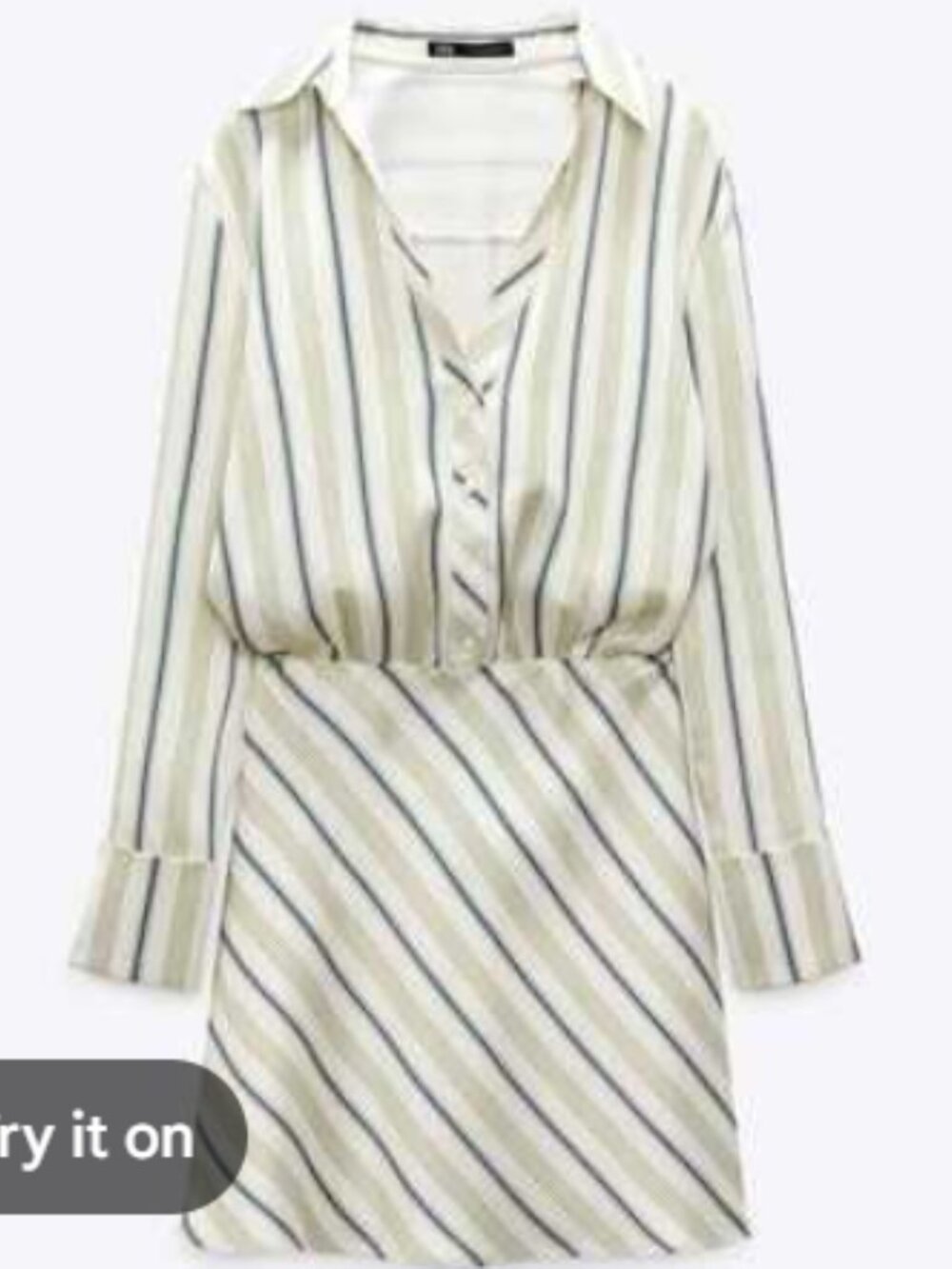 Zara Satin Stripe Shirt Dress Mini Ecru Green Long Sleeve Size M - Picture 2 of 12